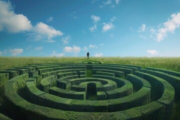 A person finding a way through a maze, reaching an open field under a clear sky, representing the clarity after depression
