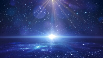 A vivid space scene featuring a bright, radiant starburst surrounded by countless twinkling stars.