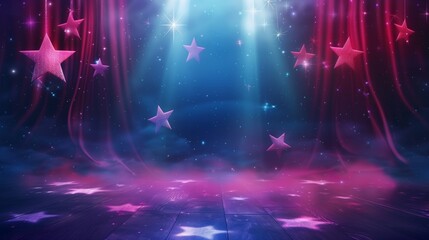 Enchanting stage with pink and purple stars hanging from glowing curtains in a mystical space setting.