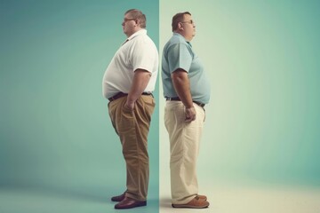 One half of the person represents their obesity and the other half represents the healthier state they have already achieved after making lifestyle changes