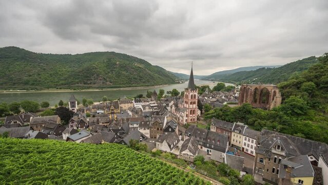 Bacharach Germany time lapse, city skyline and Rhine River view from grape vineyard