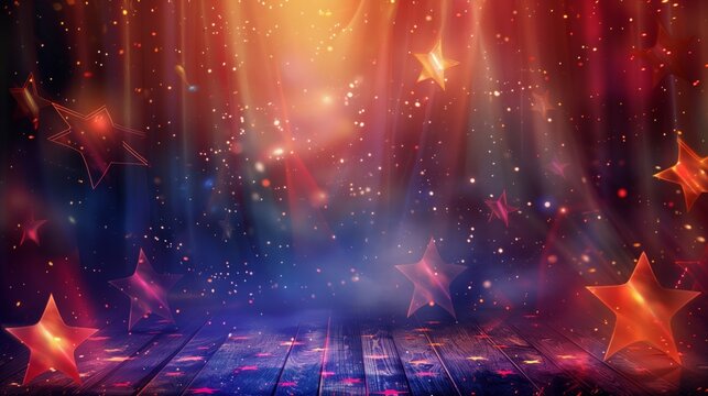 Vibrant and colorful magical scene with glittering stars and light rays on a wooden floor.