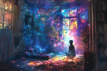 The moment when a character turns on light in dark room and the light instantly fills the space with vibrant colors and patterns, symbolizing the awakening of inner peace and the return of creativity