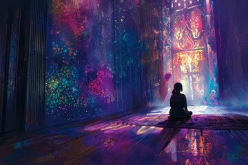 The moment when a character turns on light in dark room and the light instantly fills the space with vibrant colors and patterns, symbolizing the awakening of inner peace and the return of creativity