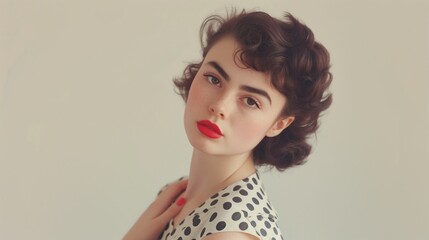 Vintage style portrait of a young woman with red lipstick.