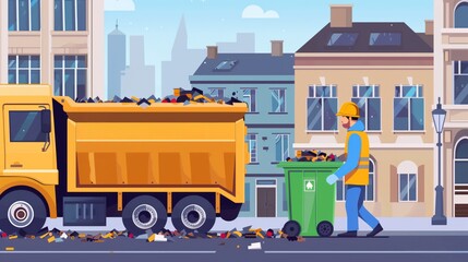 A garbage collector pushing a green bin with an overflowed garbage truck on an urban street. - obrazy, fototapety, plakaty