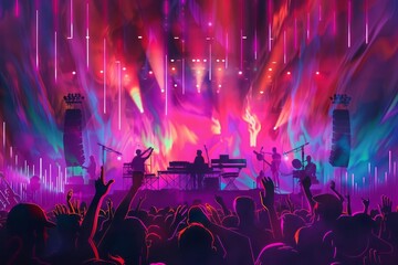 A summer music festival, with energetic crowds, musicians on stage surrounded by dynamic lights and sound waves, capturing the essence of live performances