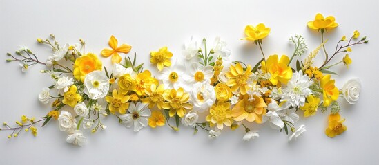 Floral arrangement created with a variety of yellow flowers against a white backdrop. Represents the themes of Easter, spring, and summer.