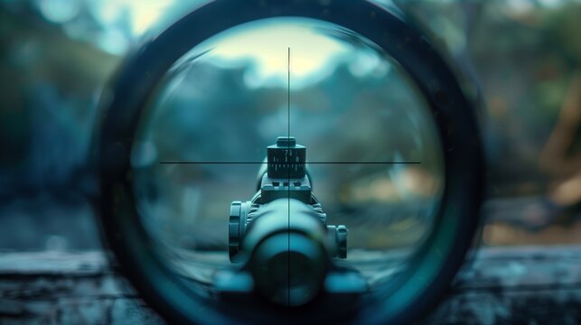 View through a sniper scope focusing on detailed mechanisms and a reticle, set against a blurred natural backdrop.