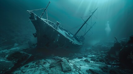 A haunting underwater scene showing a sunken ship covered in algae and surrounded by fish.