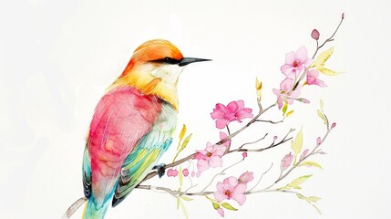 Vibrant watercolor bird on branch, fitting for wildlife art and spring themes