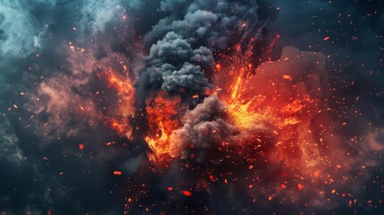 dramatic explosion with dark smoke and fiery red lava abstract destruction illustration