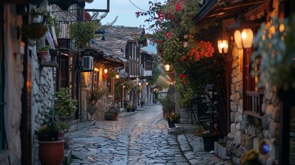 Naklejka premium A narrow cobblestone street with a row of houses and a row of potted plants