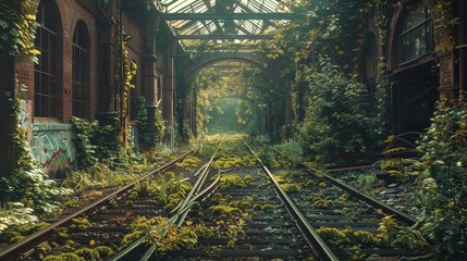 A train track is covered in weeds and vines - Powered by Adobe