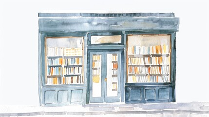 Quaint watercolor bookstore, ideal for literary themes and quaint town prints