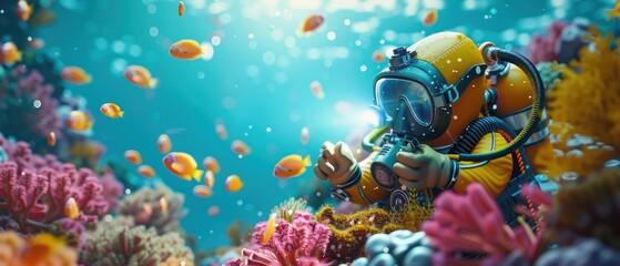 A man in a yellow diving suit is taking pictures of fish in a coral reef