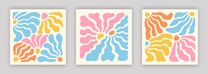 Abstract simple colorful flower and leaf composition set. Contemporary art interior poster designs. Naive drawing EPS 10 vector background collection.