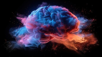 Colorful Brain Formed by Powder Explosion, Rainbow colors, creative thinking, Vibrant color and smoke, naked brain