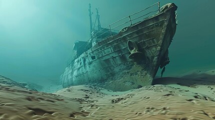 Fototapeta premium eerie abandoned shipwreck resting on sandy ocean floor realistic 3d illustration