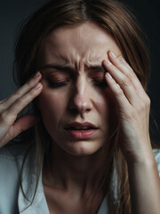 the image of a woman with a headache, symbolizing the impact of migraines and depression on mental health.