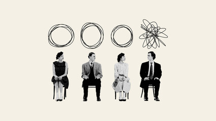 Being different from other. Young people sitting on chair with clear circles and man with tangled thoughts above. Contemporary art. Psychology, inner world, mental health. Conceptual design. Line art - obrazy, fototapety, plakaty