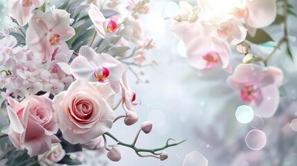 elegant floral arrangement with pink roses and tropical orchids nature wedding backdrop illustration