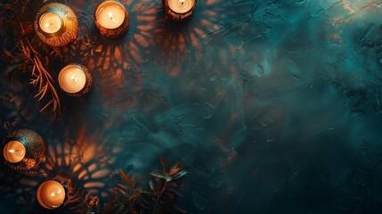Elegant teal toned background with lit candles in decorative holders casting soft shadows amongst botanical elements. - Powered by Adobe