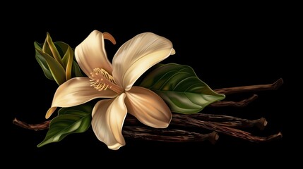 Illustration of a beautifully detailed magnolia flower with lush leaves and vanilla pods on a dark background.