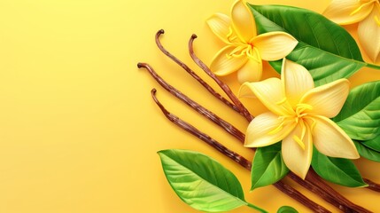 Vibrant image of yellow lilies with green leaves and brown vanilla pods on a yellow background.