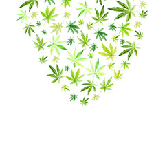 Banner, template with a green triangle of Cannabis indica, Marijuana medicinal plant. Watercolor illustration
