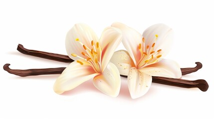 A detailed illustration of three blooming lilies with vanilla pods on a white background.