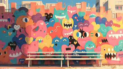 Graffiti art of hearts in various colors and shapes, each with unique expressions, set against an urban backdrop with graffiti-covered walls