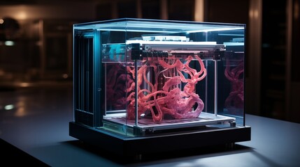 A bioprinter crafting intricate tissue structures layer by layer, heralding a new era of regenerative medicine and organ transplantation. - obrazy, fototapety, plakaty