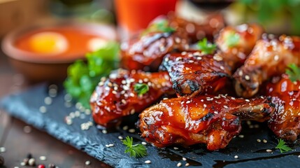 barbecue chicken wings with white sesame in background of modern restaurant. Food concept of meal and dish.