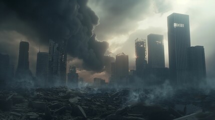 Post-apocalyptic cityscape with ruins and smoke under stormy skies.