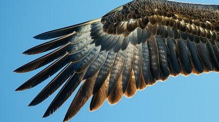 Detailed view of brown and white eagle feathers against a clear blue sky. - Powered by Adobe