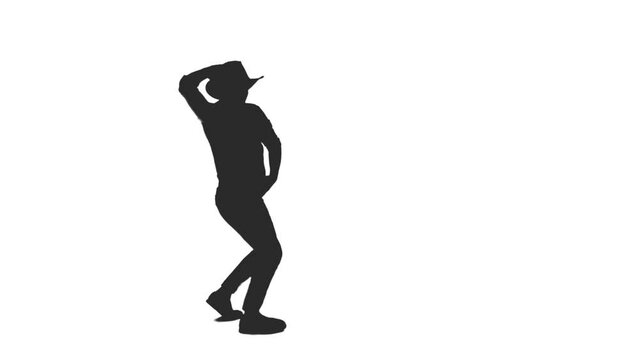 Black and white silhouette dancing young adult man in cowboy hat, Full HD footage with alpha transparency channel isolated on white background