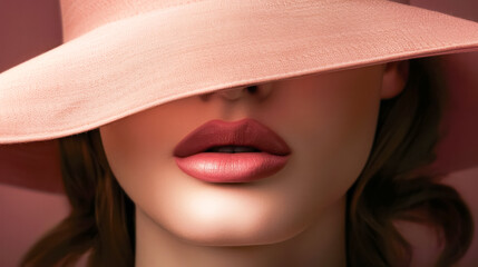  sophisticated close up of a woman wearing a soft pink hat, focusing on her lips