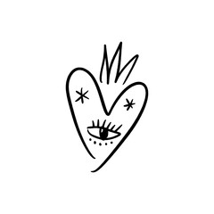Hand drawn boho sacred heart illustration with all seeing eye of Providence. Brush grunge ink love religious symbol sketch logo or label. Minimalistic isolated decor. Valentine's day card, pattern