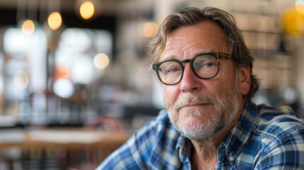 Obraz premium Mature Caucasian man chooses glasses for vision to better see in store optics