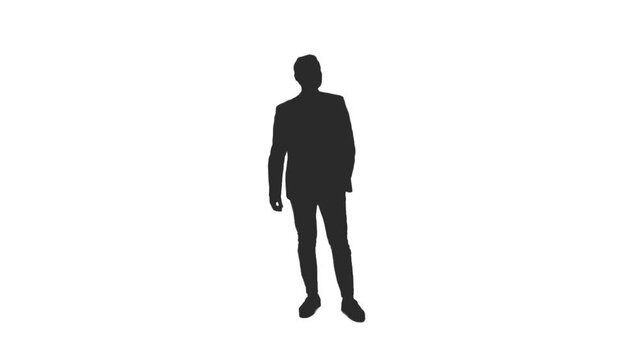 Black and white silhouette young adult man standing and looking at something on transparent background, Full HD footage with alpha channel 