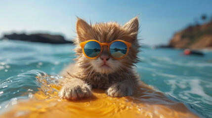 cute ginger kitten with sunglasses floating on a surfboard at sea
