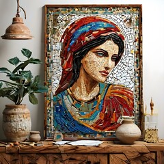 A mosaic painting stands on a coffee table, with flower pots and decorative items next to it.