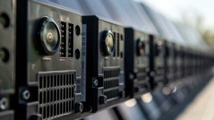 Solar junction box. A row of black diode blocks is mounted under the solar panels in a smart farm. Close-up focus and subject selection