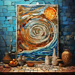 A mosaic painting stands on a coffee table, with flower pots and decorative items next to it.