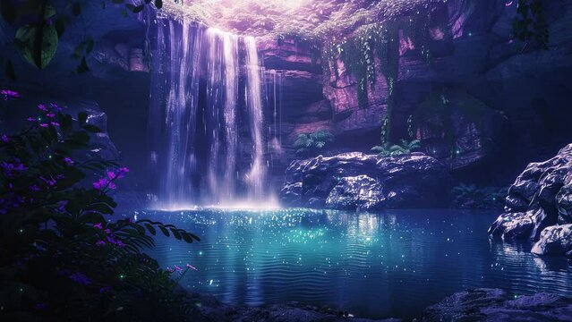 Zen and calm animation loop of natural cave with pool. 4k loop for serenity and ambient music video.