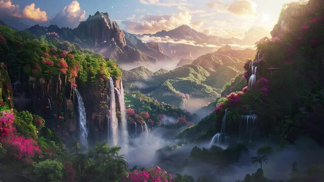 Illustration of zen landscape. Serenity illustration and good vibes with pleasant atmosphere. Pacific environment animation video.