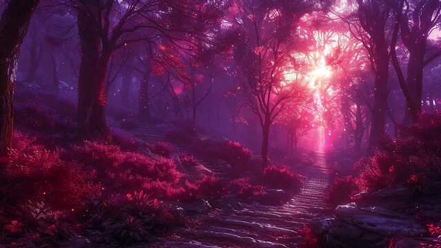 Fantasy magical landscape forest with blue and purple, Digital art. fairy in the forest. Animation fantasy landscape. For calm and relax music video.