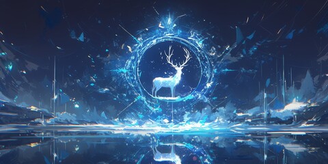 Magical deer with glowing antlers standing in the dark forest, surrounded in the style of swirling blue light and ethereal energy waves. 