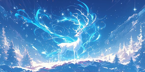 magical deer with glowing antlers standing in the dark forest